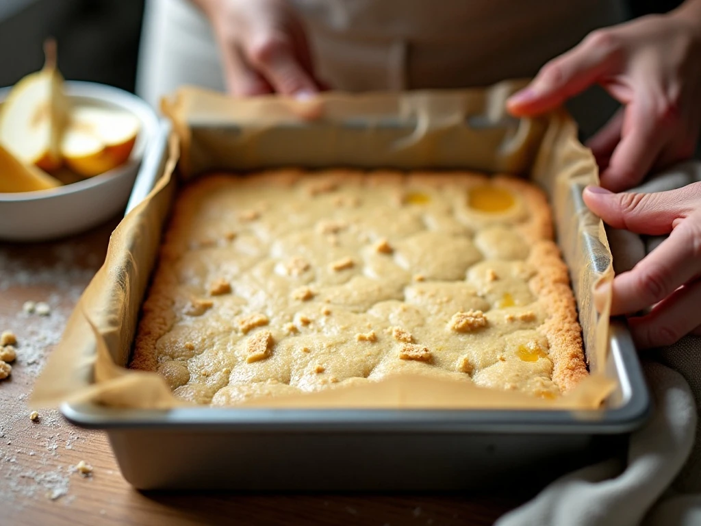 Pressing shortbread crust into a pan for pear pie bars