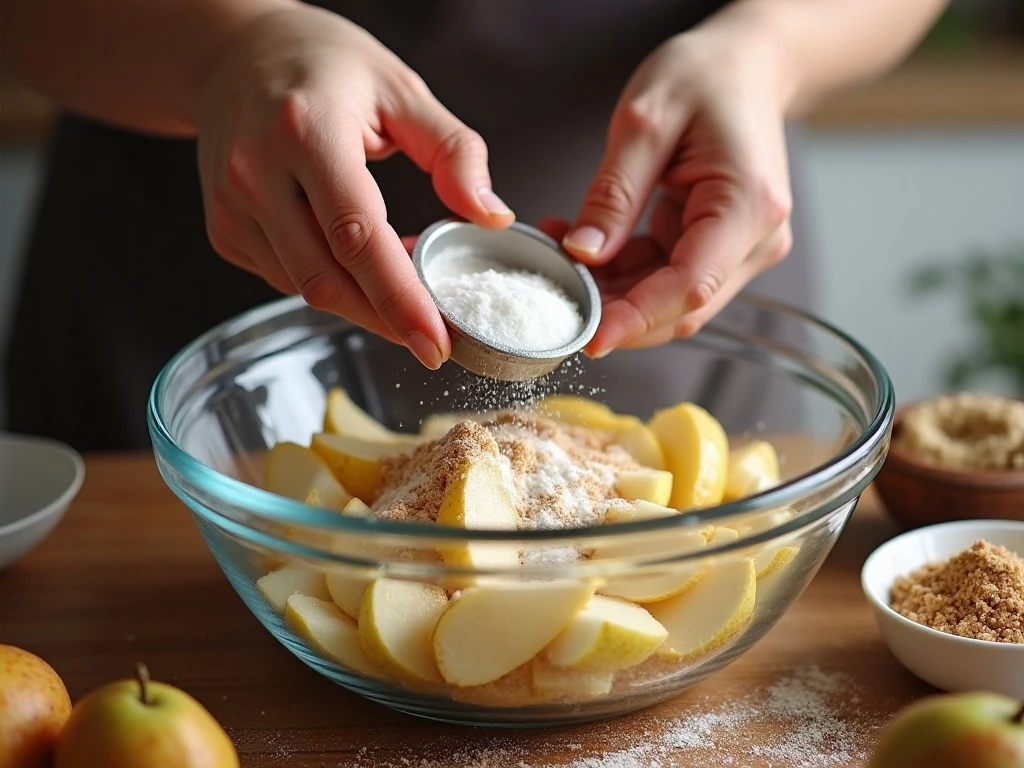 Sliced pears coated with cinnamon sugar for pear pie bars