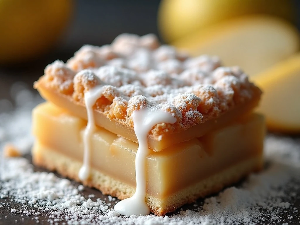 Powdered sugar glaze drizzled over a pear pie bar