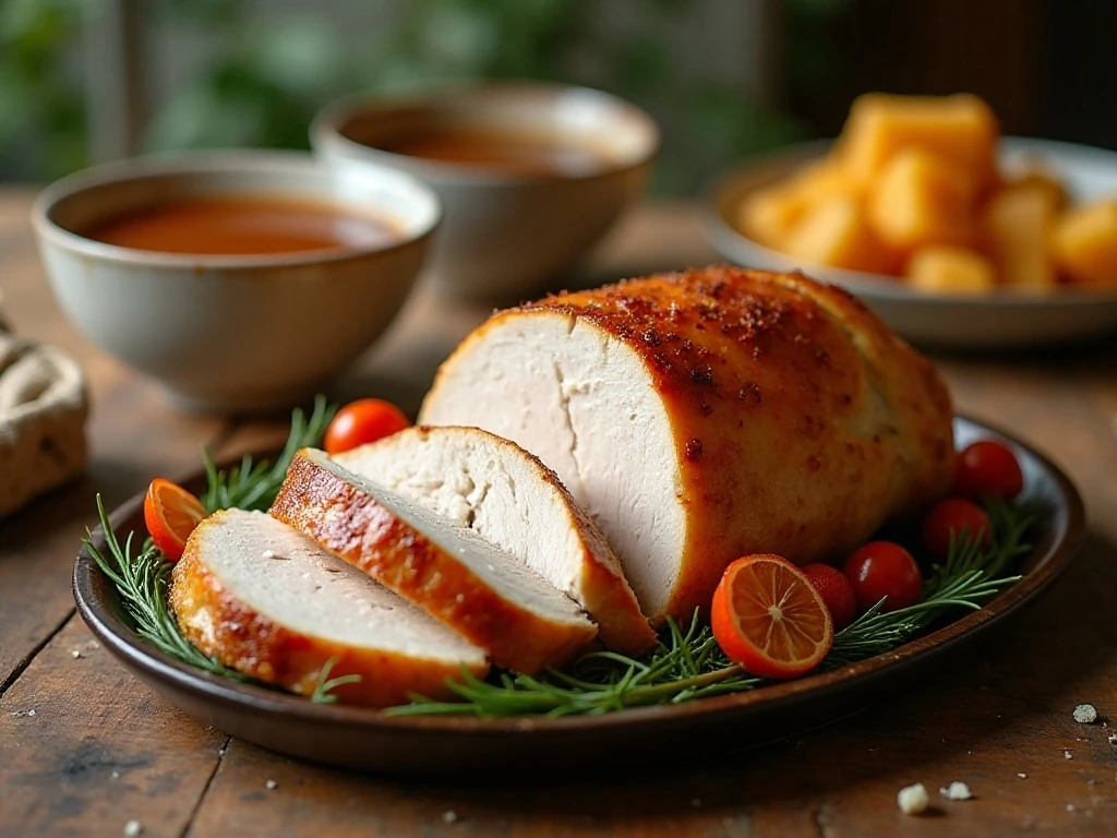 Juicy slow cooker turkey breast served with gravy and comforting side dishes