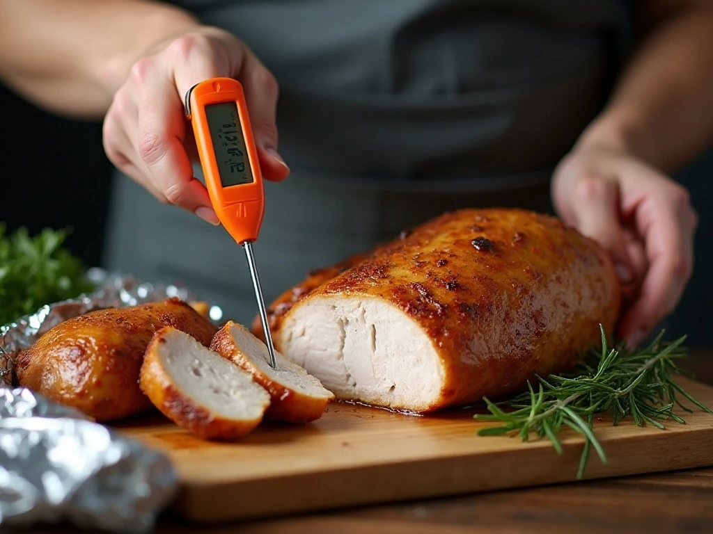 Checking slow cooker turkey breast temperature with an instant-read thermometer
