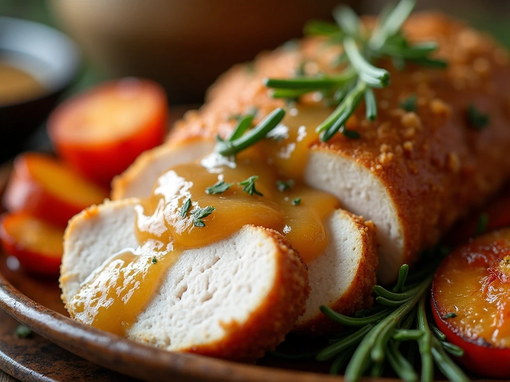 Sliced crockpot turkey breast with gravy and herb garnish