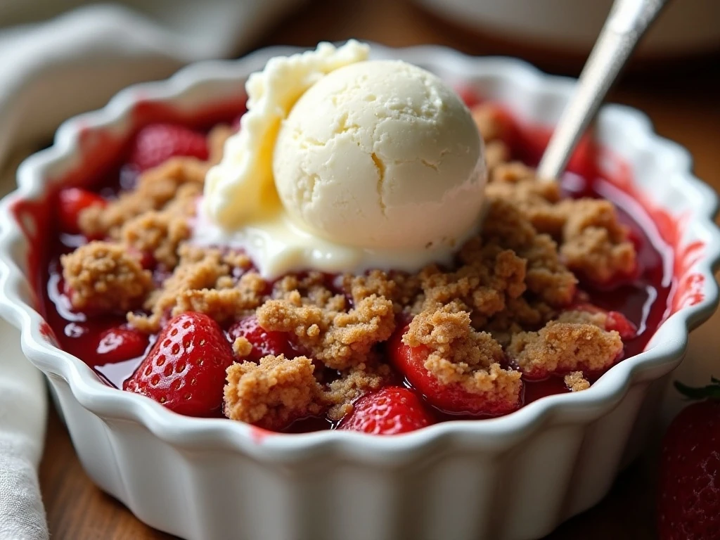 Warm strawberry crisp with golden oat topping and vanilla ice cream