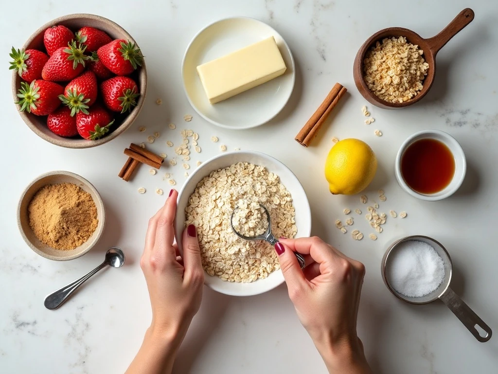 Ingredients for strawberry crisp arranged on a kitchen counter