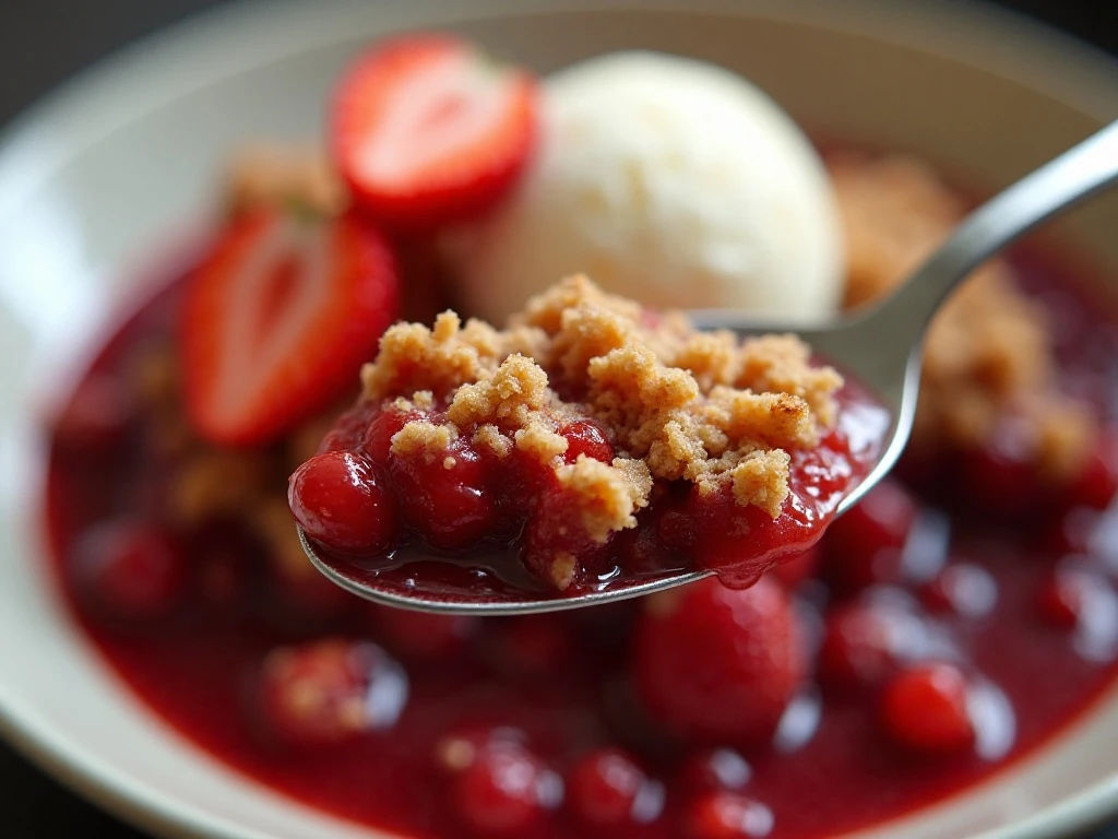 Spoonful of strawberry crisp with melting vanilla ice cream
