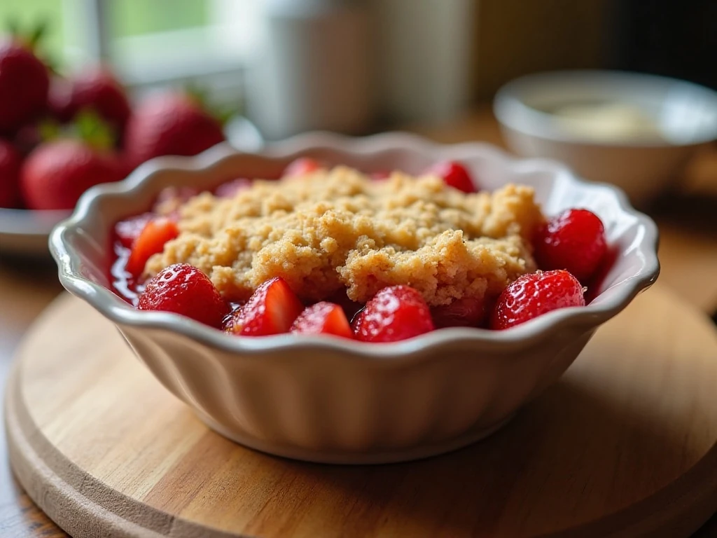 Reheated strawberry crisp served in a bowl
