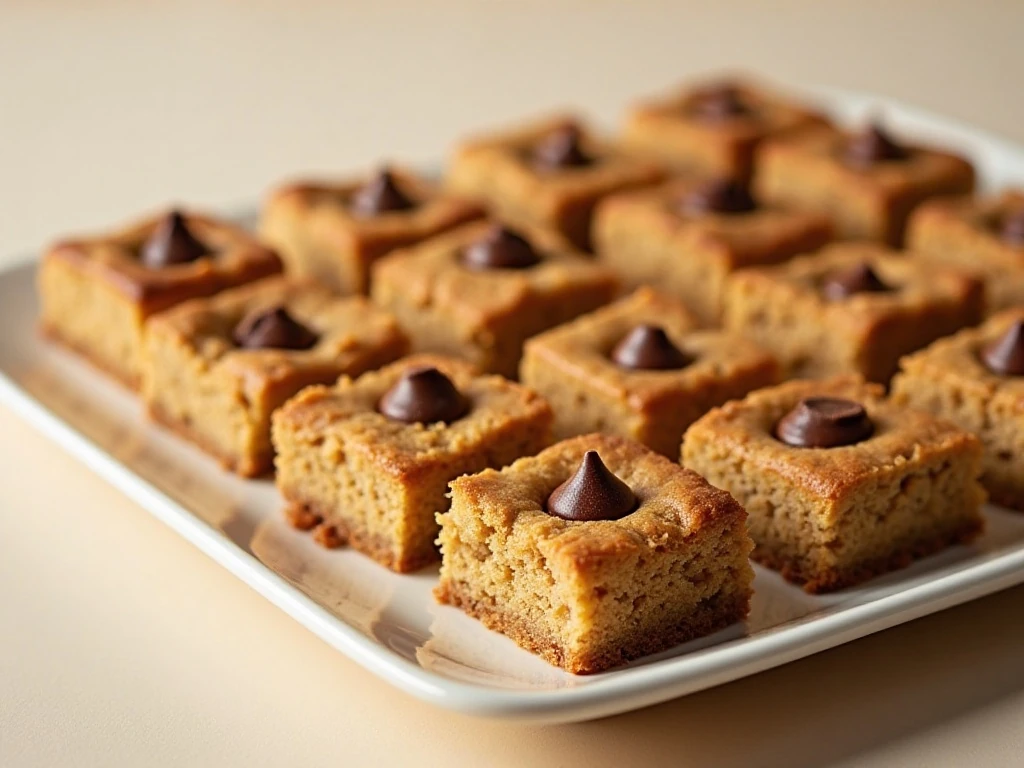 Fudgy vegan chickpea blondies with chocolate chips arranged on a serving platter