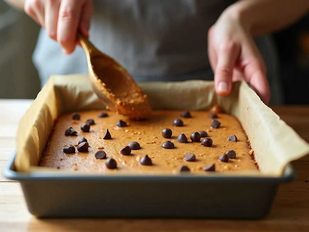 Smooth chickpea blondie batter spread in a parchment-lined baking pan