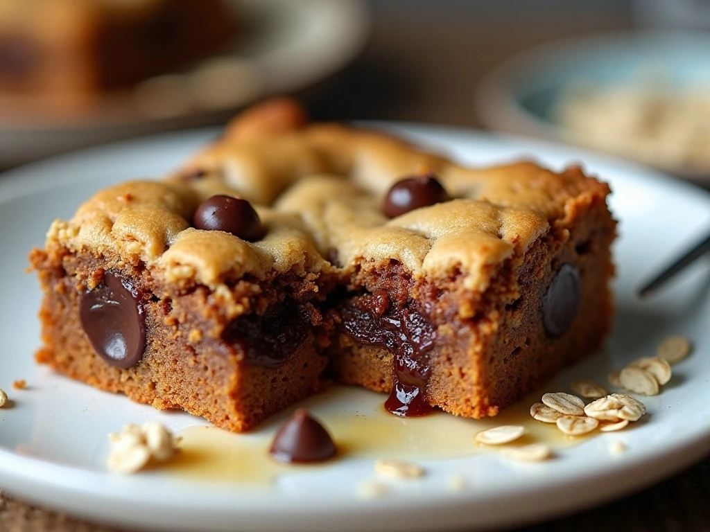 Close-up of a fudgy vegan blondie with melted chocolate chips
