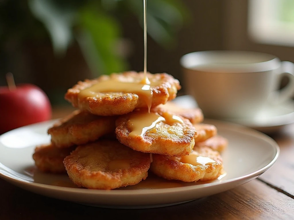 Golden Amish apple fritters stacked on a plate with vanilla glaze
