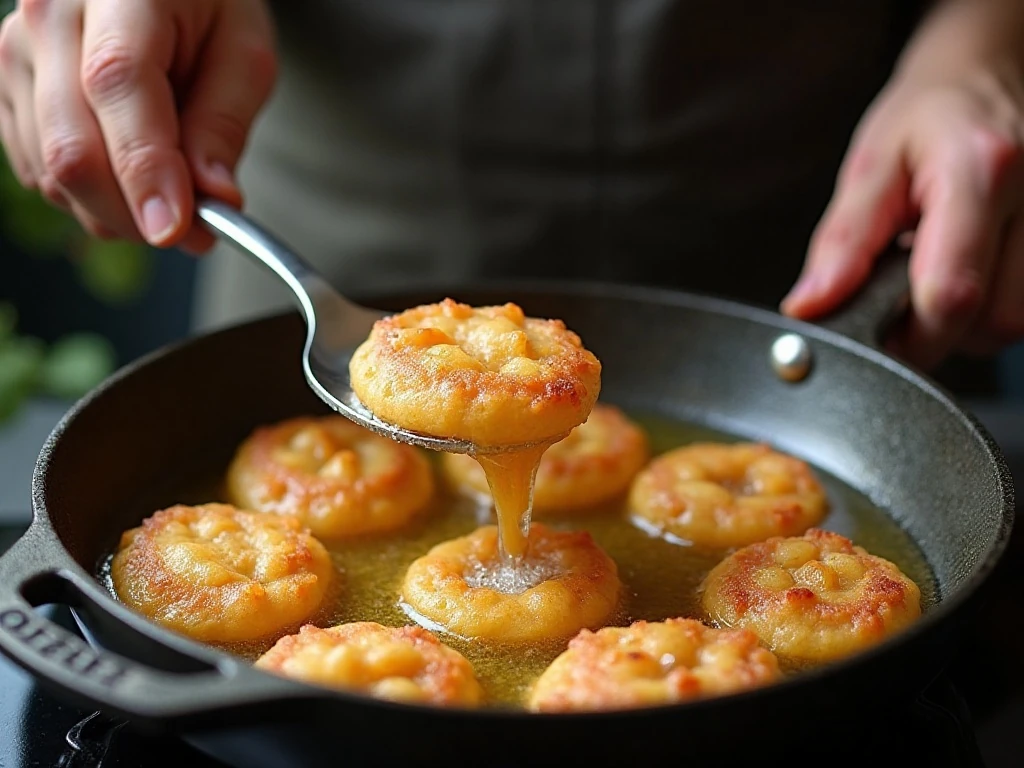 Apple fritter batter being fried in oil at 350 degrees