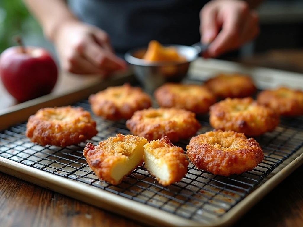 Fresh apple fritters draining on a wire rack with tender centers
