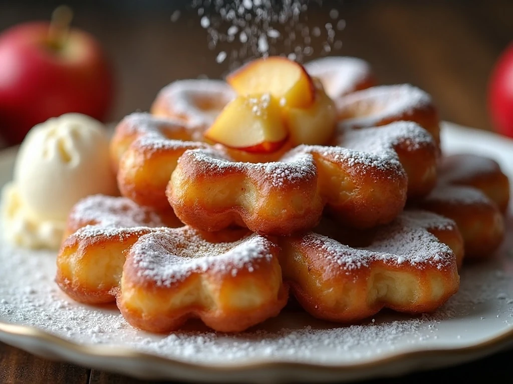 Glazed apple fritter served warm with powdered sugar and vanilla ice cream