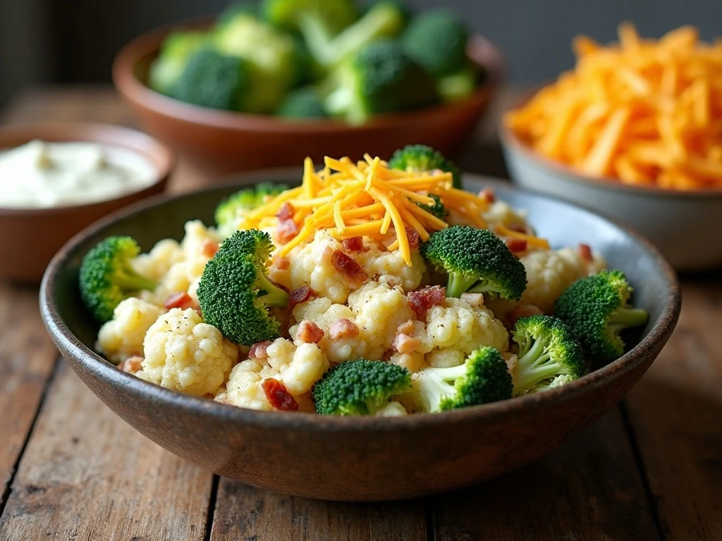 Amish broccoli cauliflower salad ready for a family-style potluck