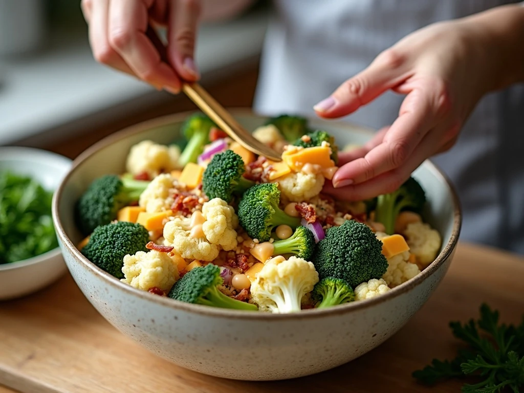 Tossing the creamy dressing with broccoli cauliflower salad ingredients