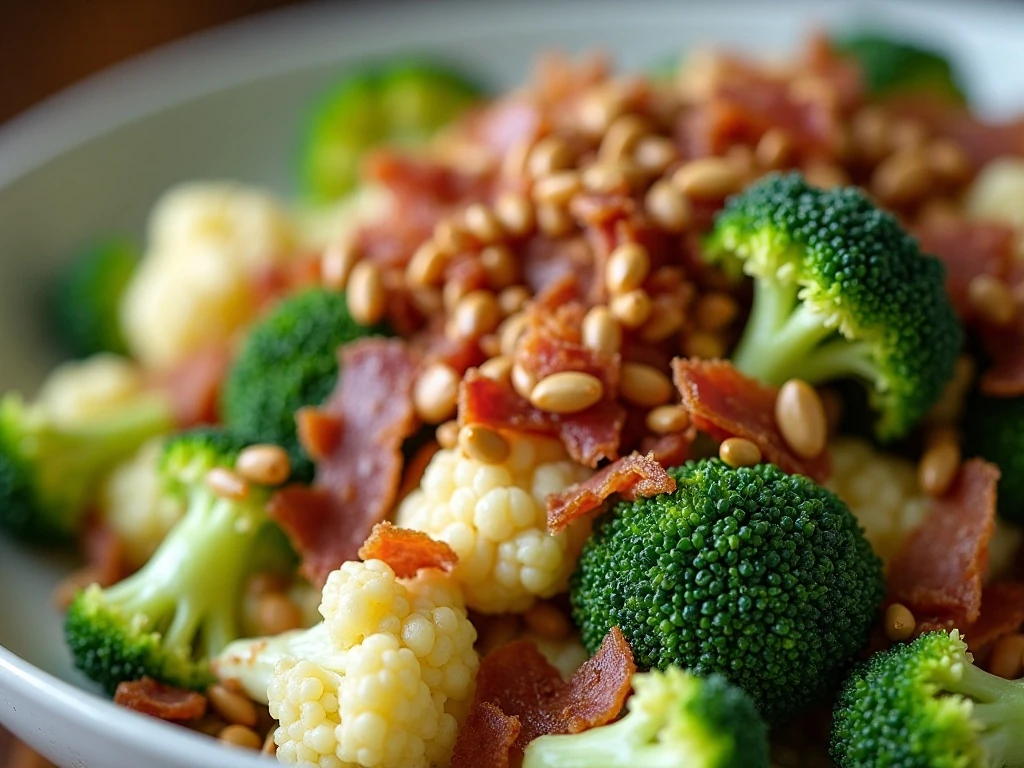 Crisp bacon and sunflower seeds topping broccoli cauliflower salad