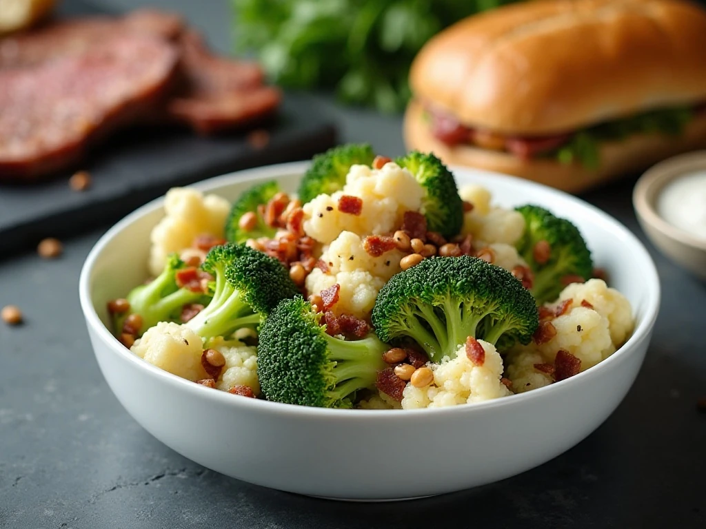 Chilled broccoli cauliflower salad served as a potluck side dish