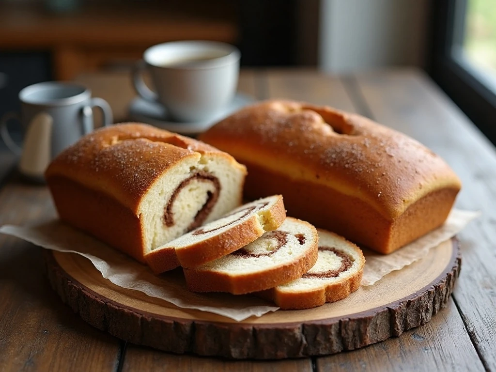 Two homemade Amish cinnamon bread loaves with cinnamon-sugar swirls