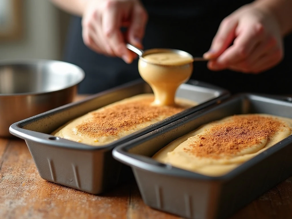 Layering Amish cinnamon bread batter with cinnamon sugar in loaf pans