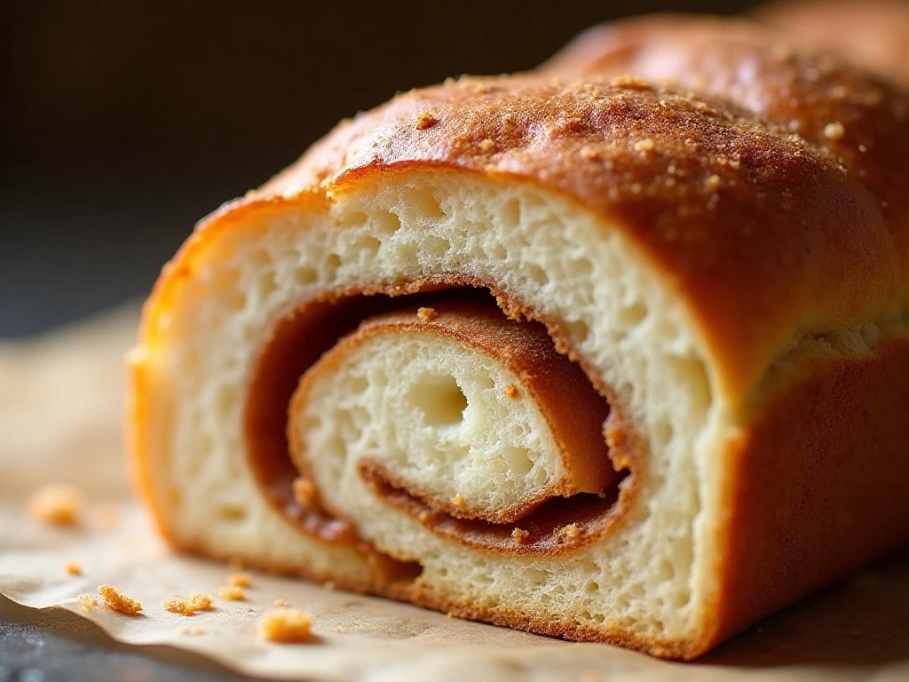Close-up of the moist cinnamon swirl inside Amish cinnamon bread