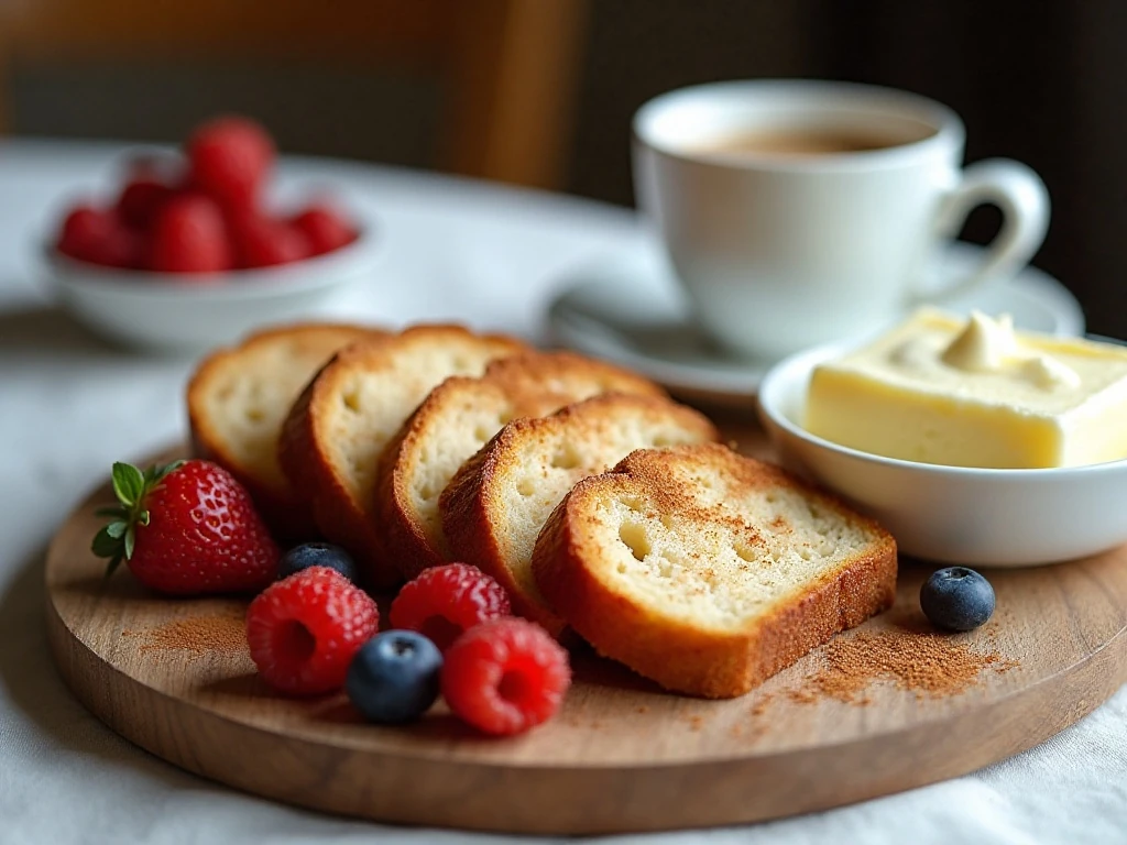 Sliced Amish cinnamon bread served with coffee, butter, and berries
