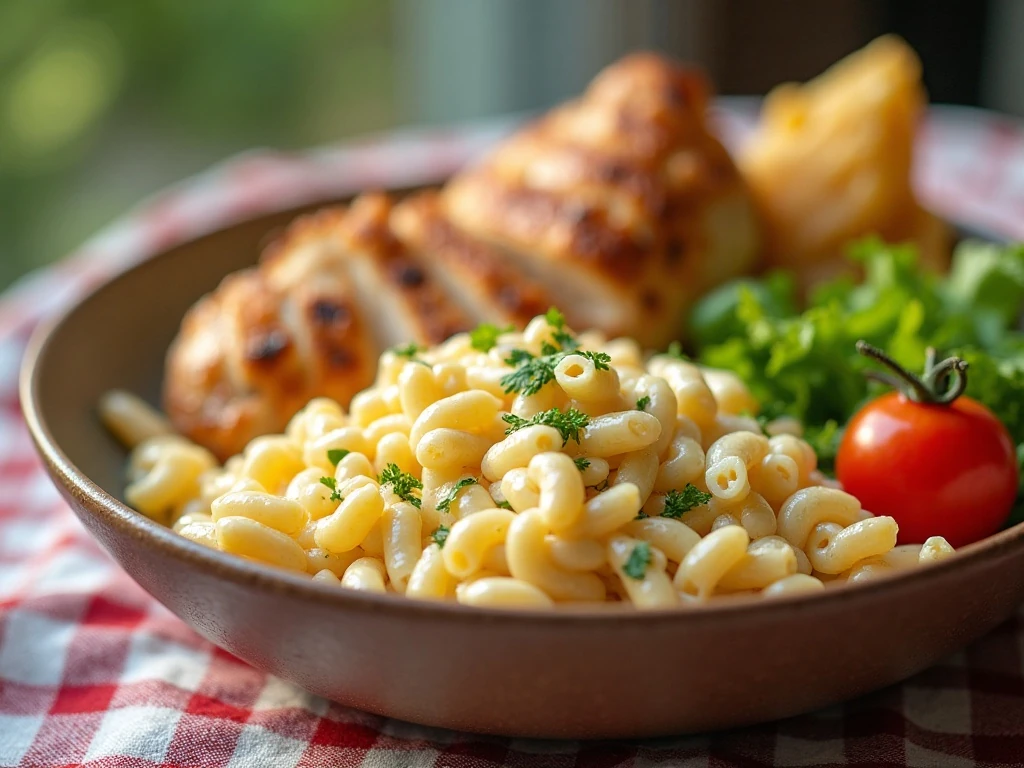 Creamy Amish macaroni salad served as a colorful picnic side dish