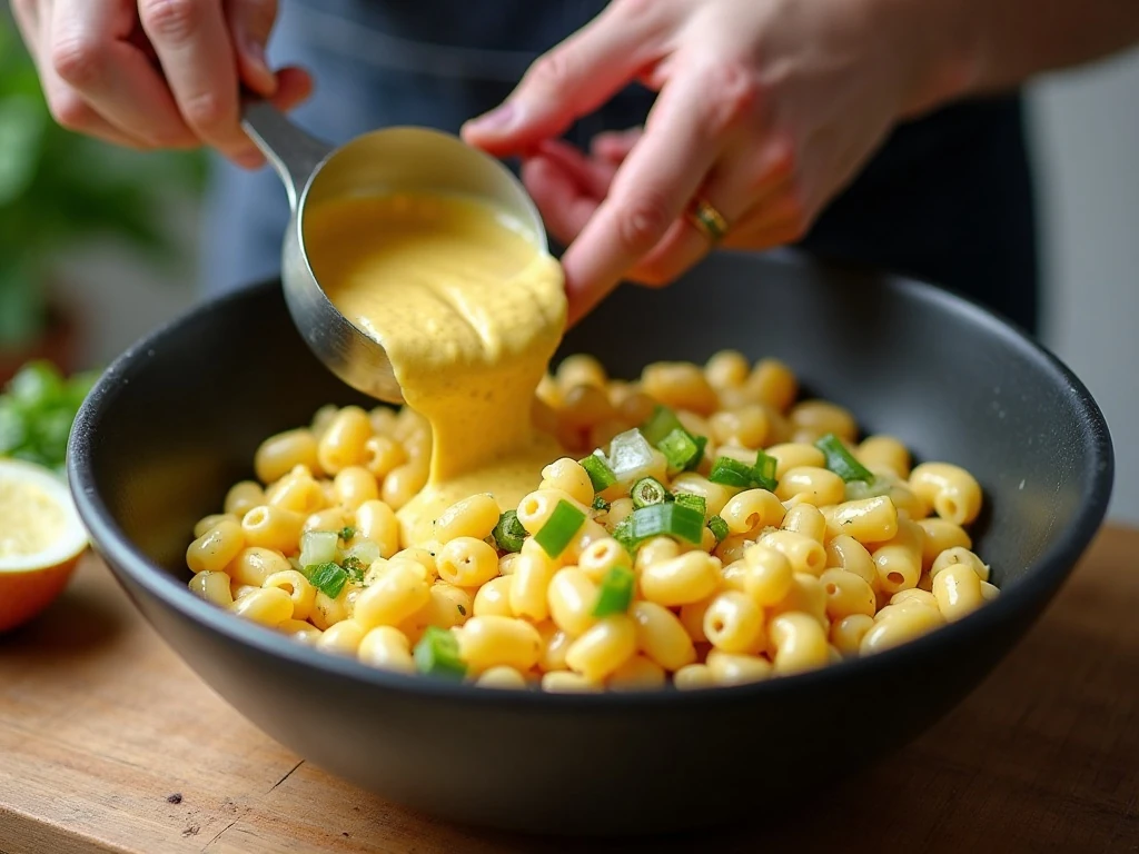 Mixing macaroni salad ingredients with creamy dressing