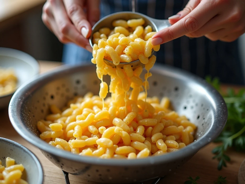 Rinsing cooked macaroni to keep it tender and creamy
