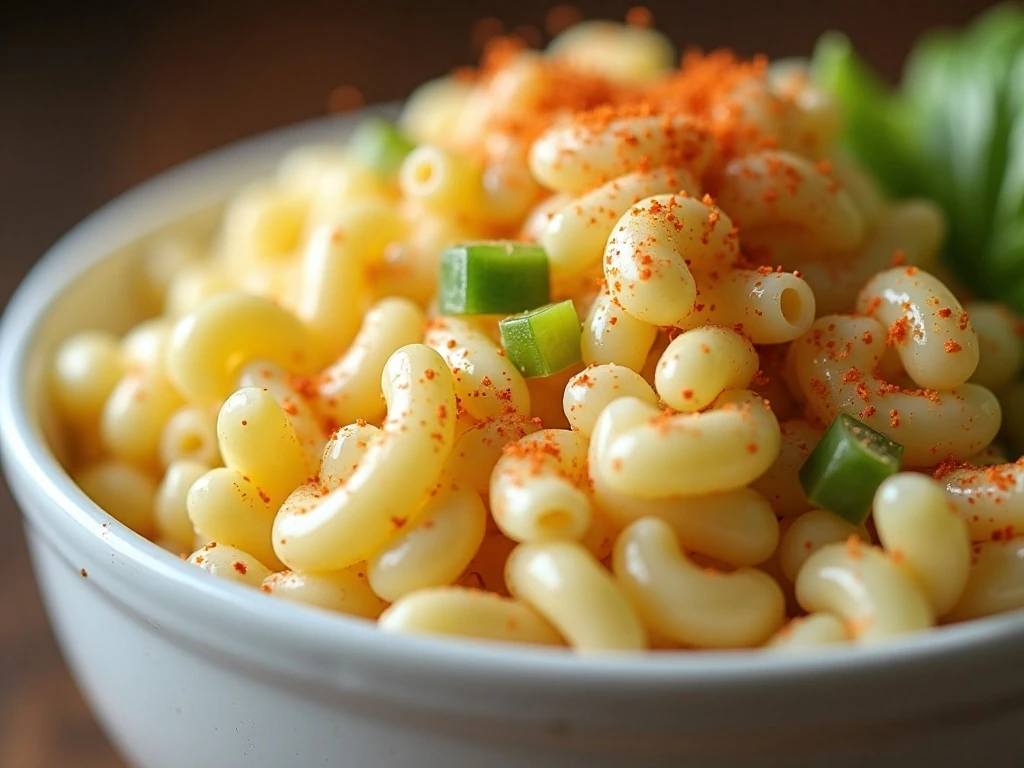 Close-up of garnished Amish macaroni salad ready to serve