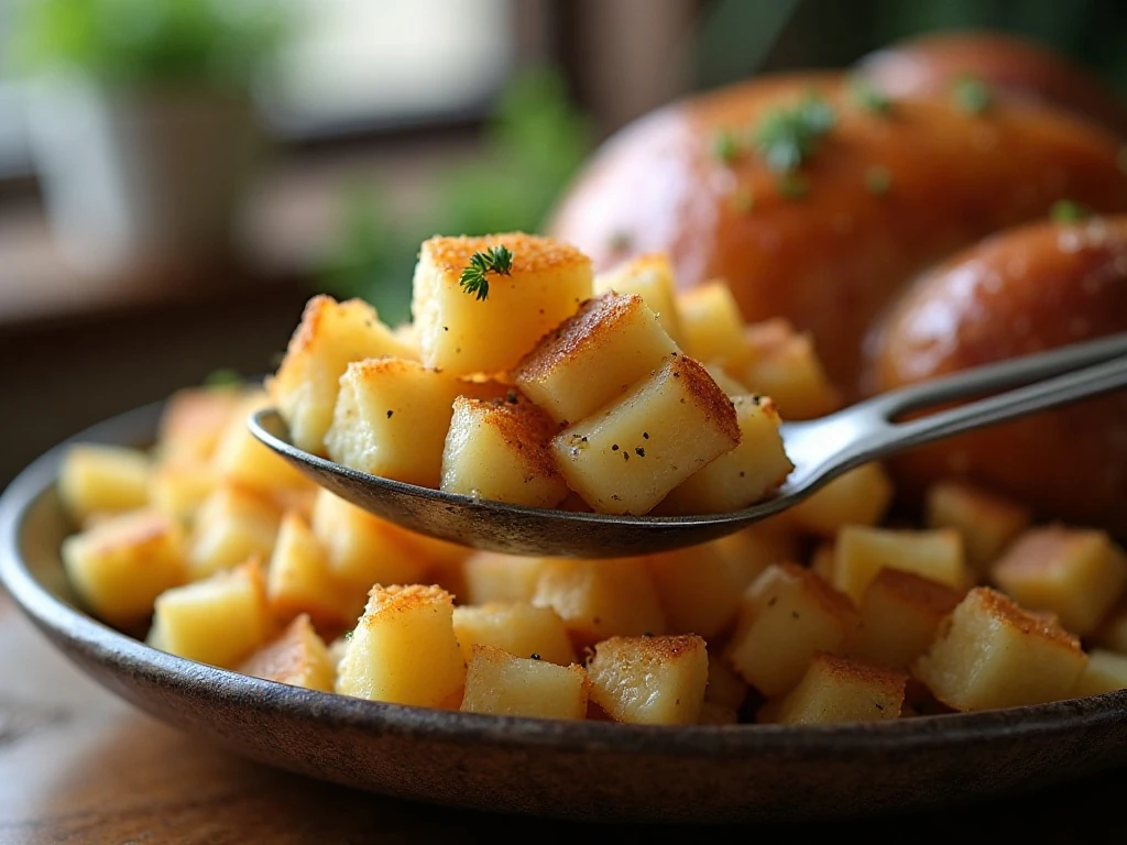 Warm Amish potato stuffing served as a comforting holiday side dish