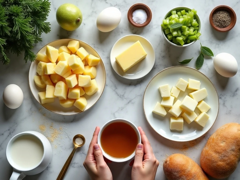 Ingredients for Amish potato stuffing arranged for cooking