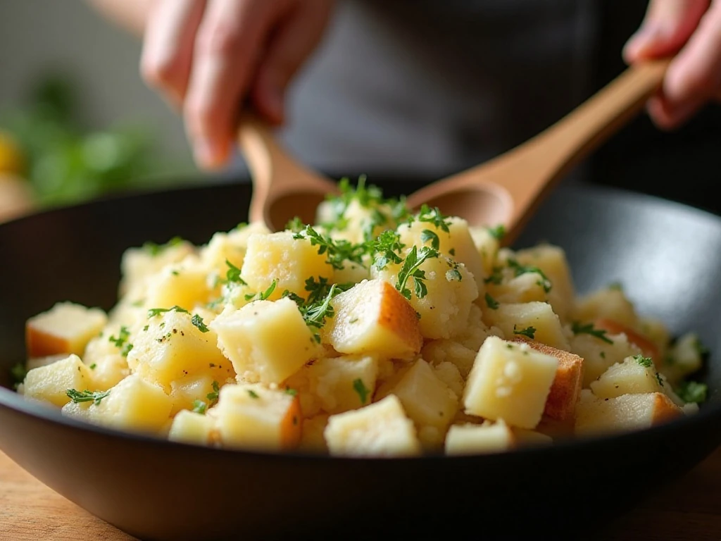 Potatoes, bread, vegetables, and seasonings being combined for stuffing