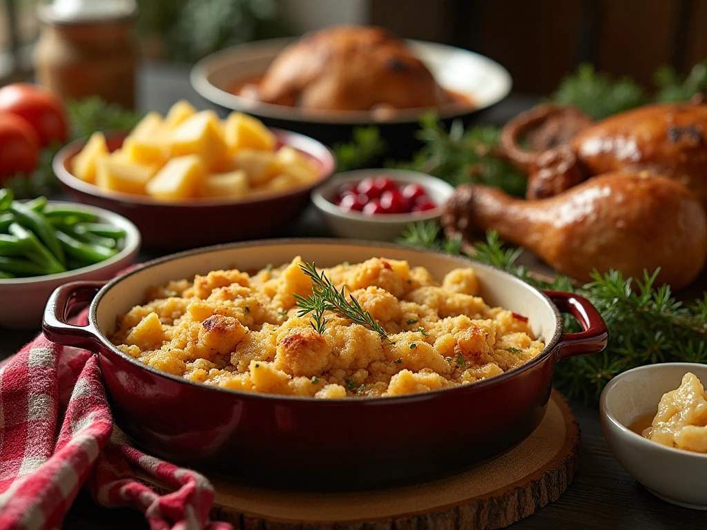Amish potato stuffing served with roasted chicken and holiday sides