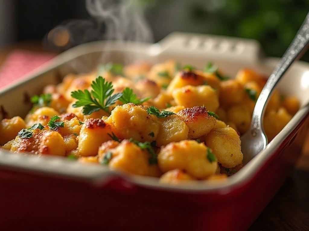 Golden Amish potato stuffing ready to serve