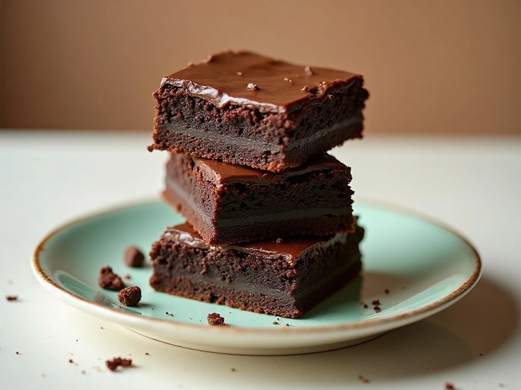 Stack of fudgy Andes mint brownies with glossy mint chocolate topping