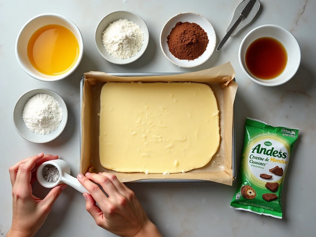 Ingredients for fudgy Andes mint brownies arranged beside a baking pan