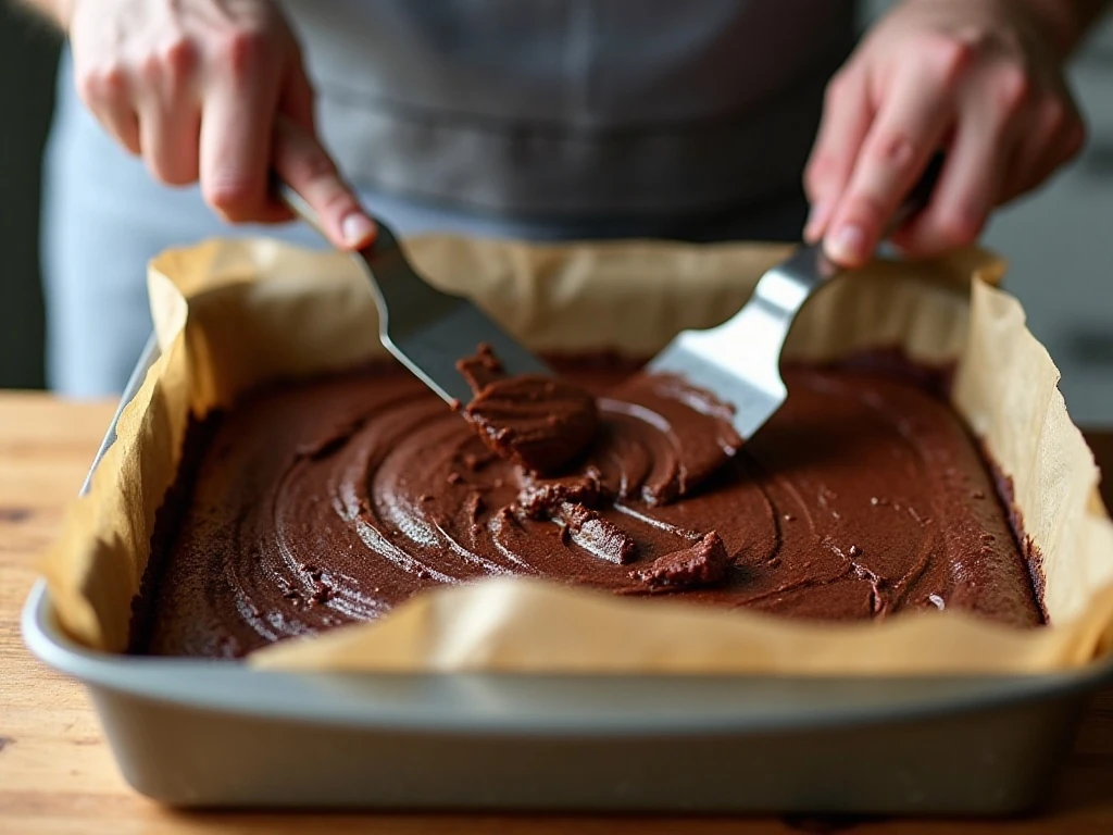 Brownie batter spread in a parchment-lined baking pan