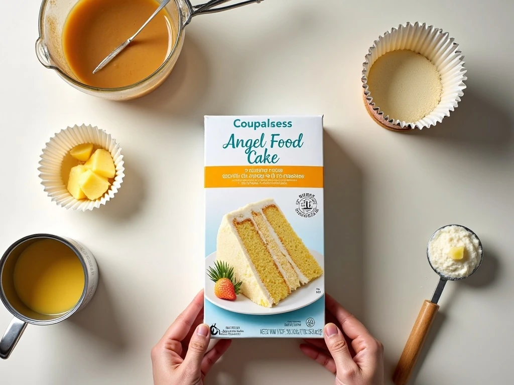 Two ingredients and baking supplies for angel food cupcakes