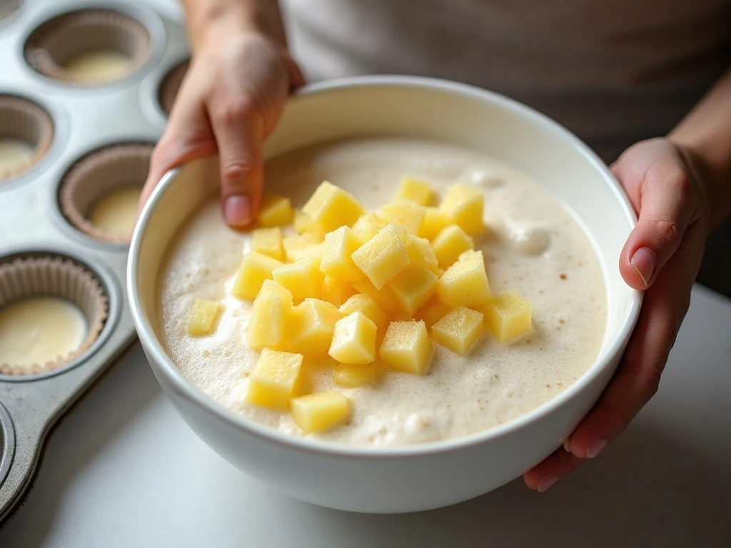 Angel food cake mix and crushed pineapple being gently combined