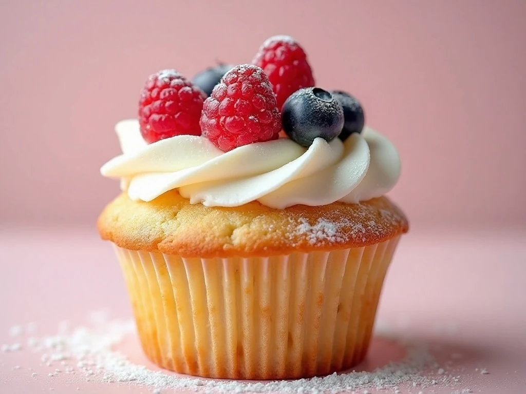 Angel food cupcake topped with whipped cream and fresh berries