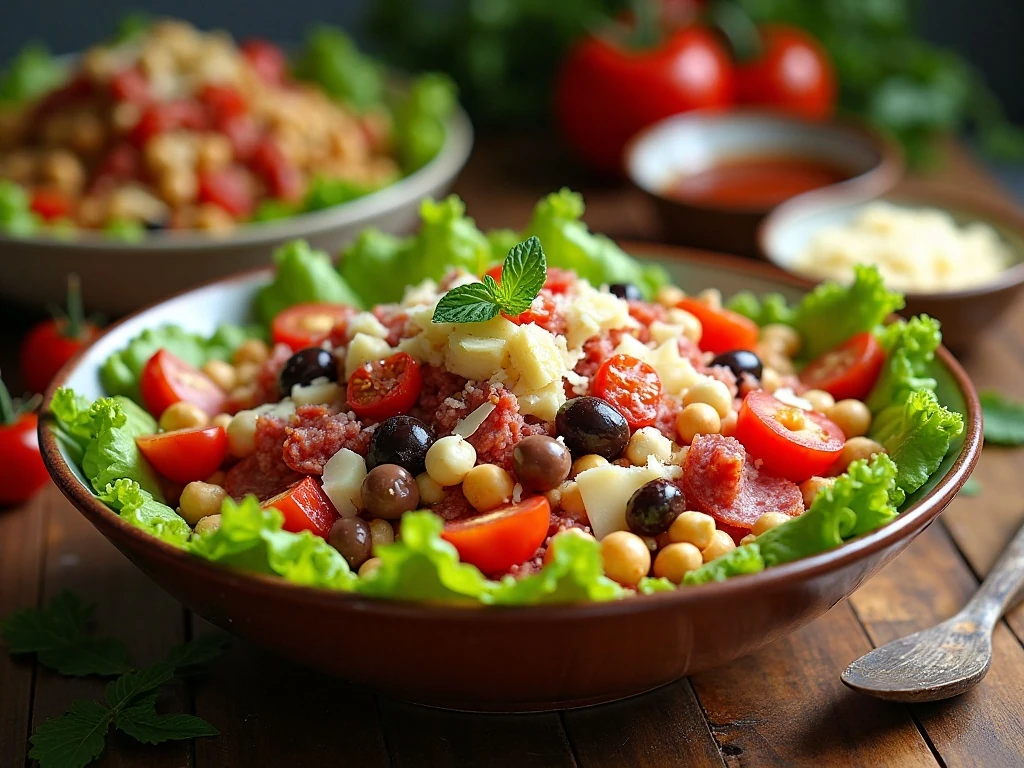 Colorful antipasto salad served in a large bowl