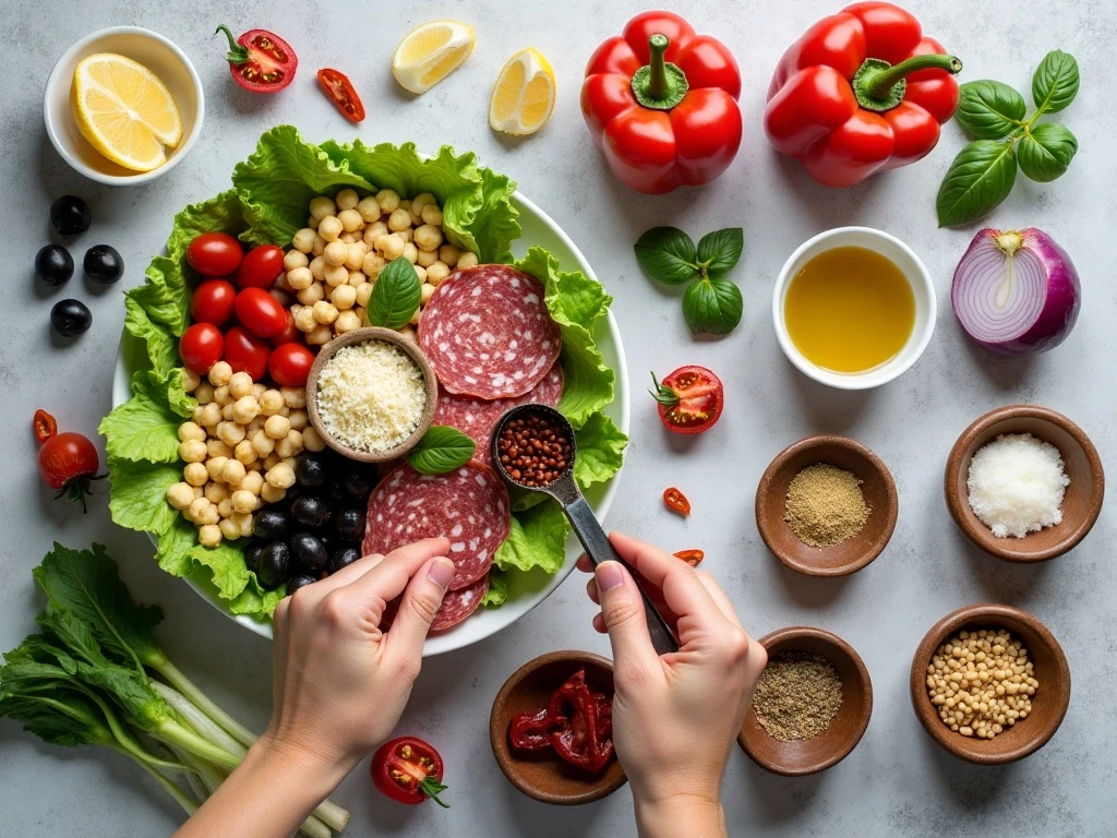 Ingredients for homemade antipasto salad and red wine dressing