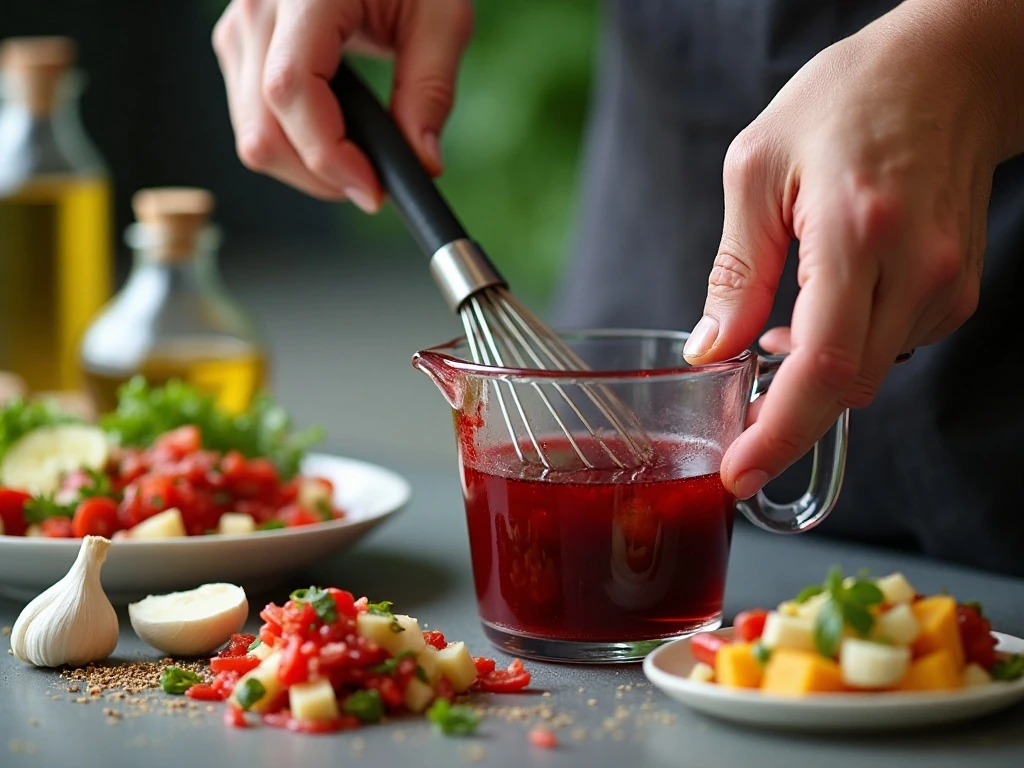 Whisking homemade Italian vinaigrette for antipasto salad