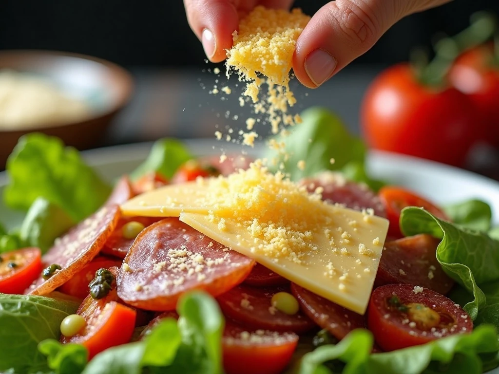 Parmesan sprinkled over freshly tossed antipasto salad