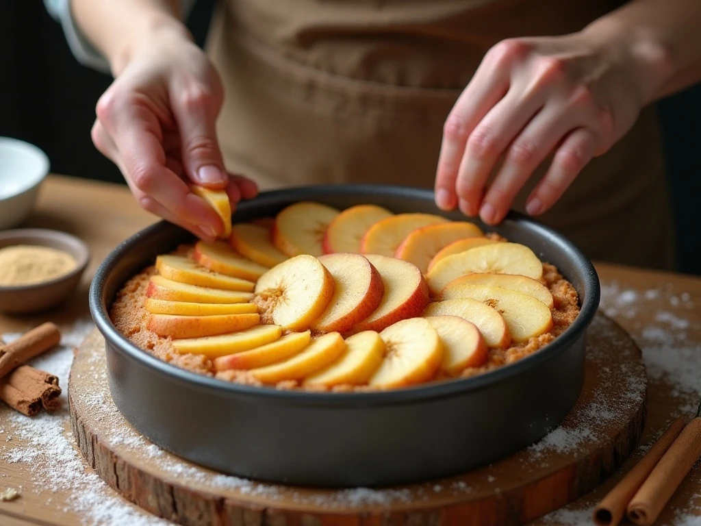 Arranging slitted apple quarters on Apfelkuchen batter