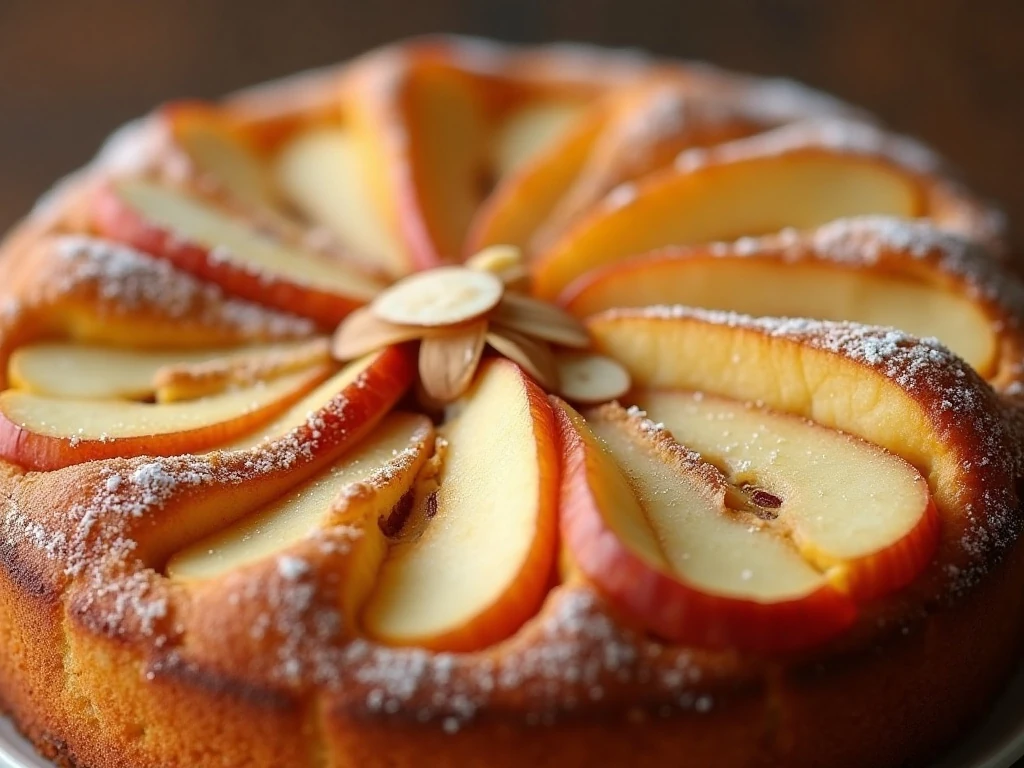 Close-up of cinnamon apples and almonds on German apple cake