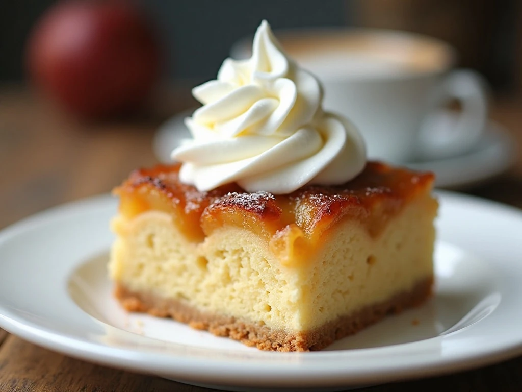 Slice of German apple cake with lightly sweetened whipped cream