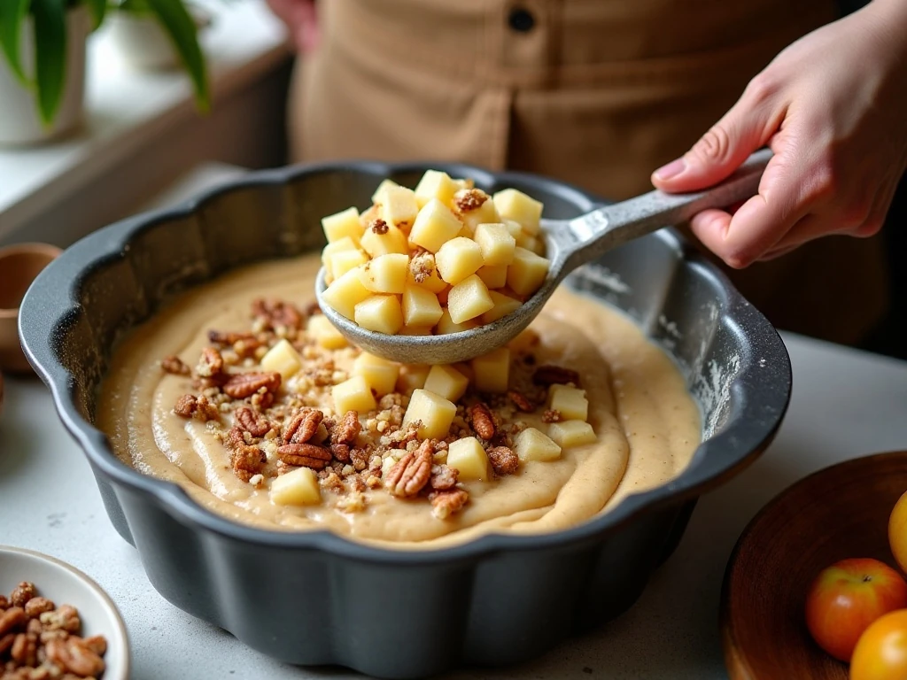 Folding diced apples into thick Bundt cake batter