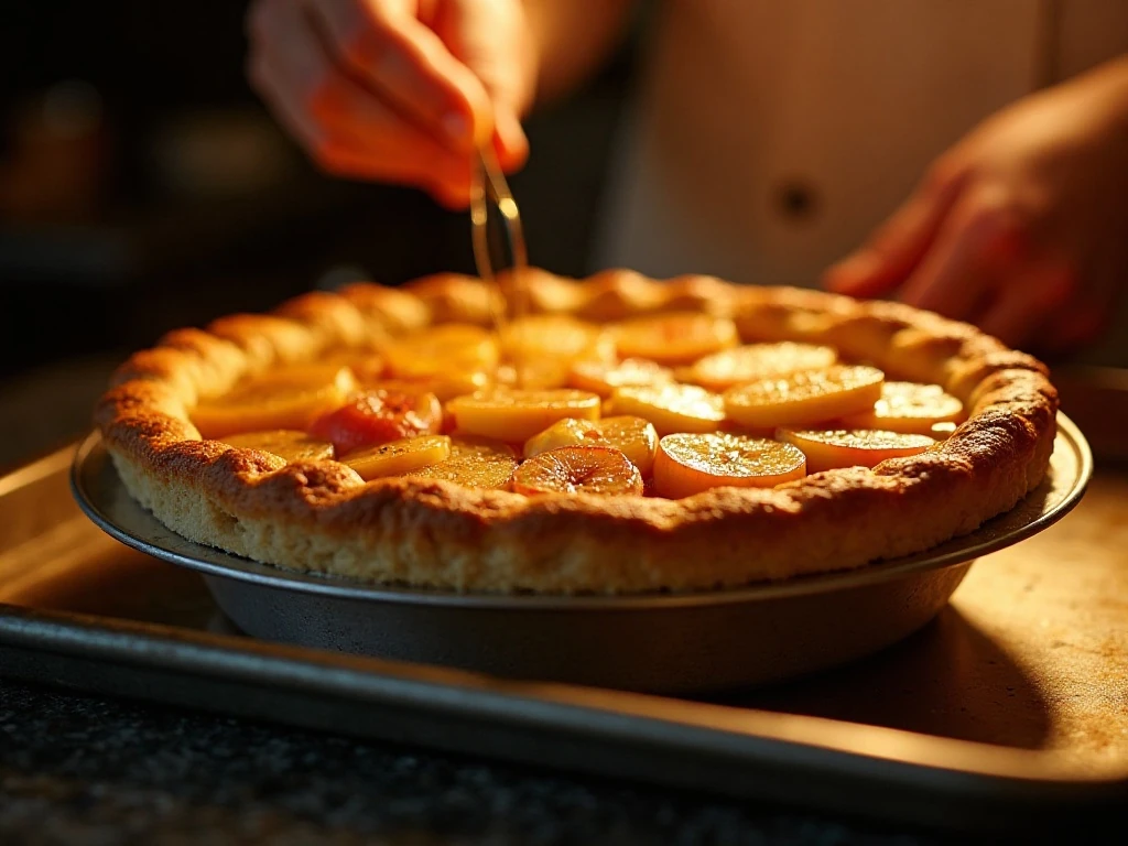 Apple butter pie baking with the crust edge protected