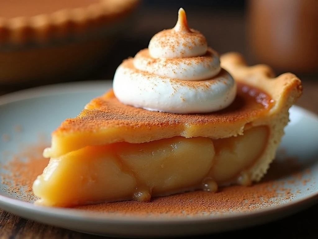 Slice of apple butter pie served with whipped cream and cinnamon